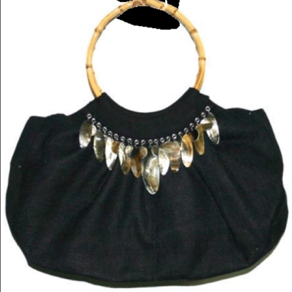 Shell inlay handbag w/ wood handle